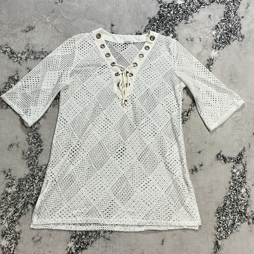Blue Island Swim Cover Up Womens Sz XL‎ White Crochet Lace Up Beach Resort Tunic